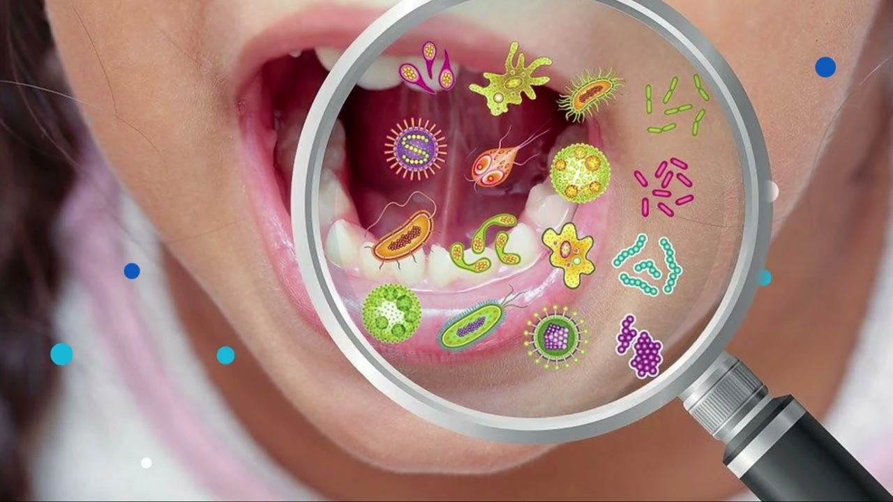 Illustration of a healthy vs. unbalanced oral microbiome or ancient teeth vs. modern problematic teeth.