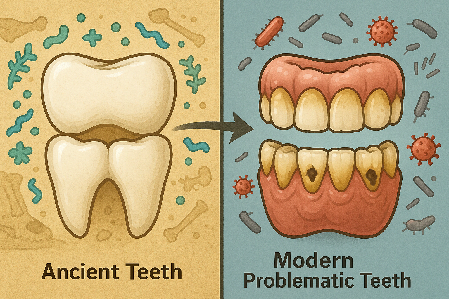 Illustration of a healthy vs. unbalanced oral microbiome or ancient teeth vs. modern problematic teeth.