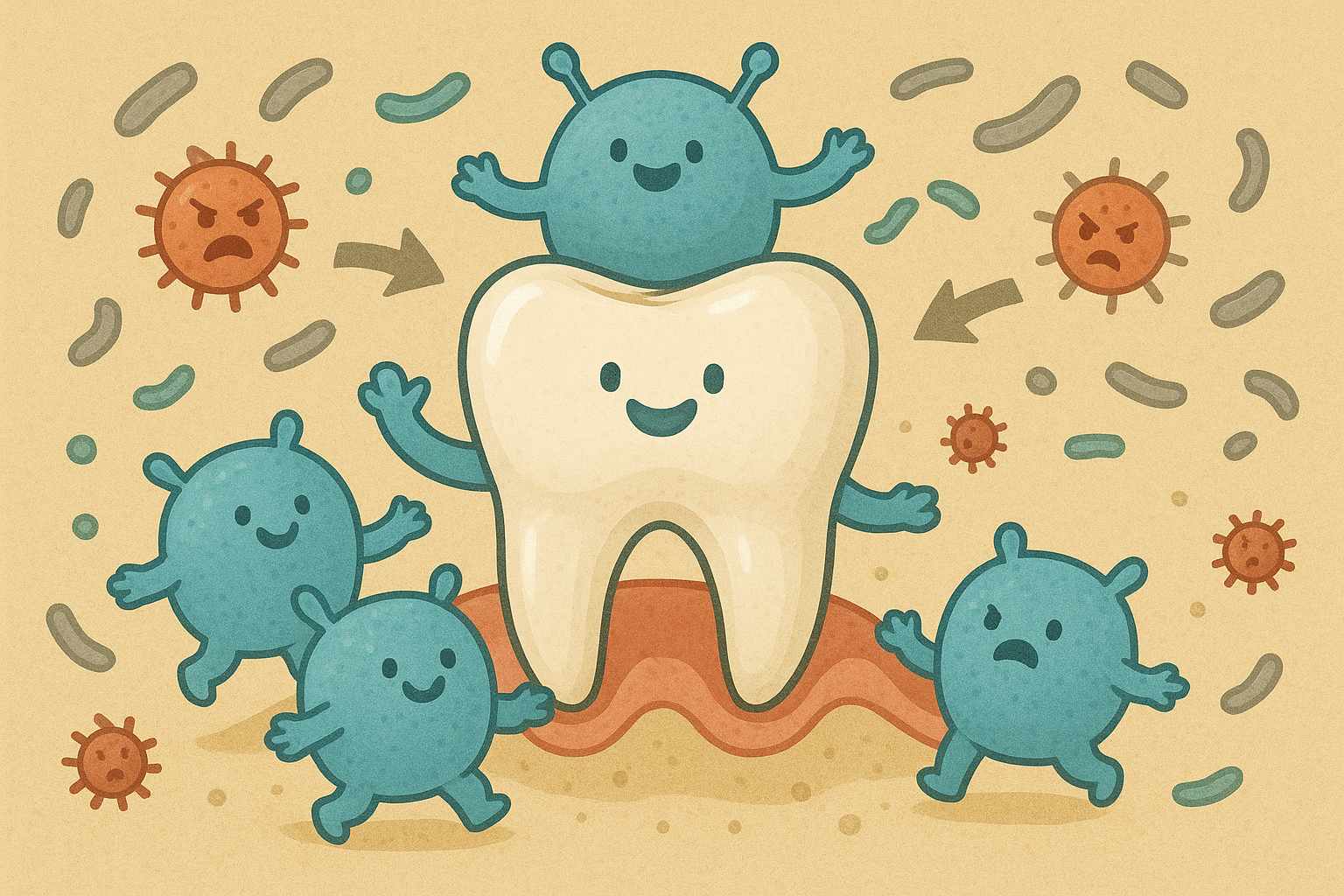 Image of a generic melt-in-mouth tablet or an illustration of good bacteria protecting teeth.